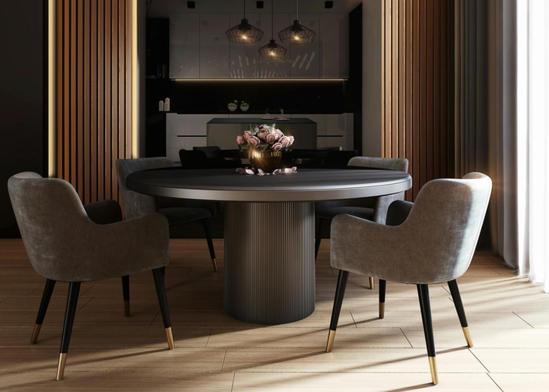 Warm wood flooring, sculptural dining furniture and a contemporary slat wall